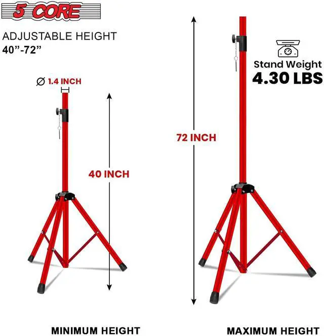 Alt view image 2 of 7 - 5 Core Speaker Stand Height Adjustable Universal PA DJ Tripod Studio Monitor Stands w 35mm Compatible Insert for Home On Stage In Studio Use Red - SS ECO 2PK RED WoB