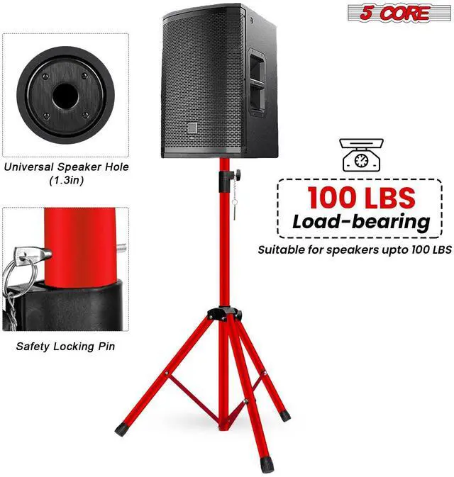 Alt view image 3 of 7 - 5 Core Speaker Stand Height Adjustable Universal PA DJ Tripod Studio Monitor Stands w 35mm Compatible Insert for Home On Stage In Studio Use Red - SS ECO 2PK RED WoB