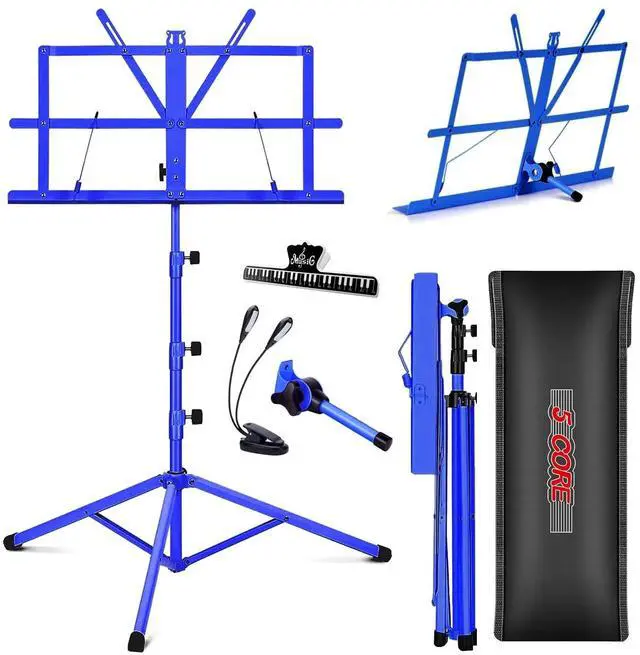 Main image of 5 Core Sheet Music Stand 2 in 1 Dual Use Professional Portable Adjustable 28-67 Inch Folding Music Note Holder Tripod Stands Blue - MUS FLD 4S BLU WLGT