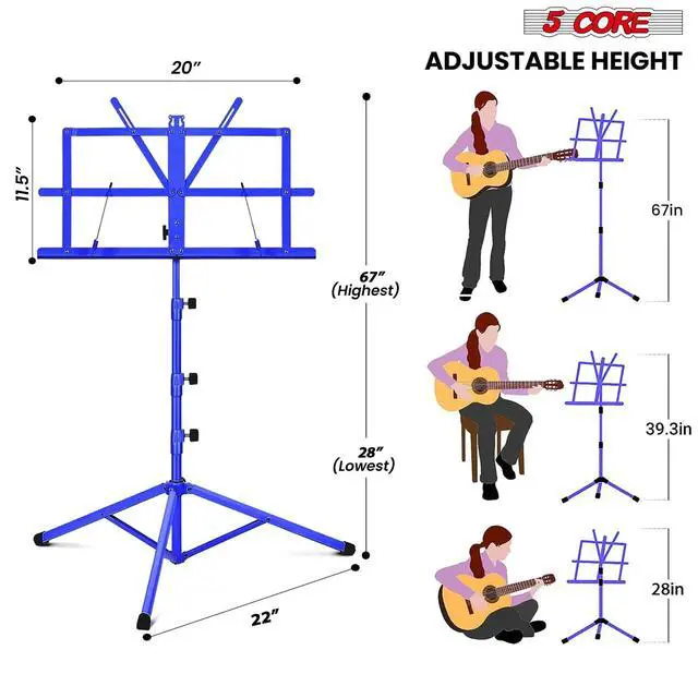 Alt view image 6 of 7 - 5 Core Sheet Music Stand 2 in 1 Dual Use Professional Portable Adjustable 28-67 Inch Folding Music Note Holder Tripod Stands Blue - MUS FLD 4S BLU WLGT