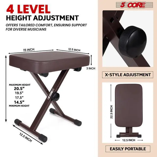 Alt view image 2 of 7 - 5 Core Keyboard Bench 3 Inch Padded Cushioned Piano Stool Height Adjustable Guitar Seat Heavy Duty Folding Portable Musician Chair W Nonslip Rubber Feet Brown - KBB BR HD