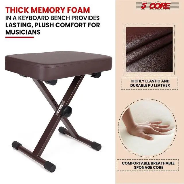 Alt view image 3 of 7 - 5 Core Keyboard Bench 3 Inch Padded Cushioned Piano Stool Height Adjustable Guitar Seat Heavy Duty Folding Portable Musician Chair W Nonslip Rubber Feet Brown - KBB BR HD
