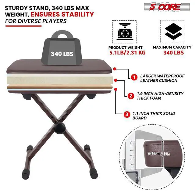 Alt view image 4 of 7 - 5 Core Keyboard Bench 3 Inch Padded Cushioned Piano Stool Height Adjustable Guitar Seat Heavy Duty Folding Portable Musician Chair W Nonslip Rubber Feet Brown - KBB BR HD