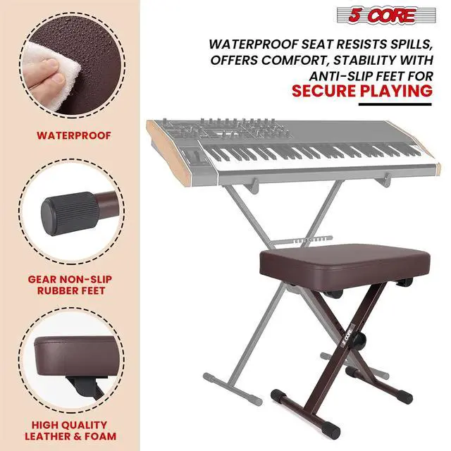 Alt view image 7 of 7 - 5 Core Keyboard Bench 3 Inch Padded Cushioned Piano Stool Height Adjustable Guitar Seat Heavy Duty Folding Portable Musician Chair W Nonslip Rubber Feet Brown - KBB BR HD