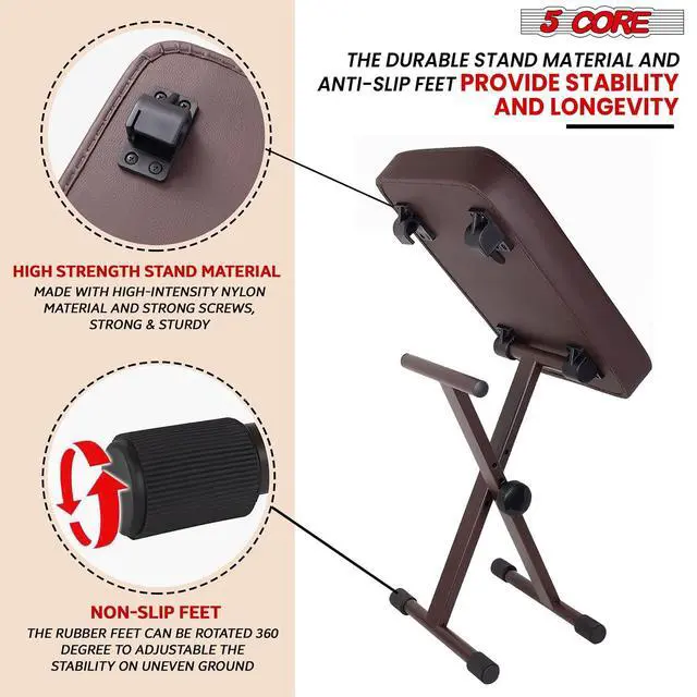 Alt view image 6 of 7 - 5 Core Keyboard Bench 3 Inch Padded Cushioned Piano Stool Height Adjustable Guitar Seat Heavy Duty Folding Portable Musician Chair W Nonslip Rubber Feet Brown - KBB BR HD