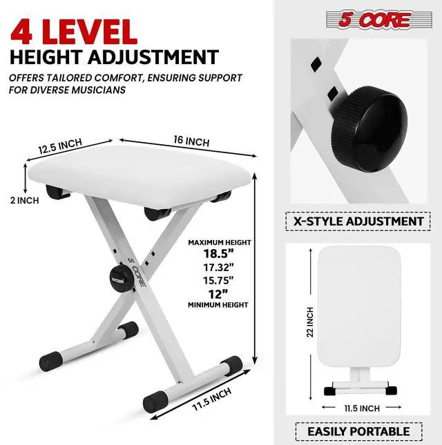 Alt view image 3 of 14 - 5Core Portable Piano Keyboard Music X-Style Adjustable Padded Stool Chair Seat Bench White DS 02 WH