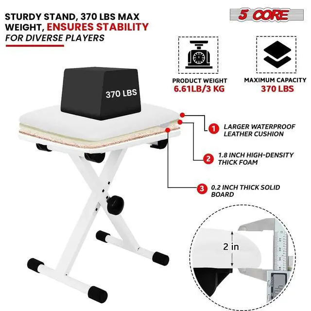 Alt view image 5 of 14 - 5Core Portable Piano Keyboard Music X-Style Adjustable Padded Stool Chair Seat Bench White DS 02 WH