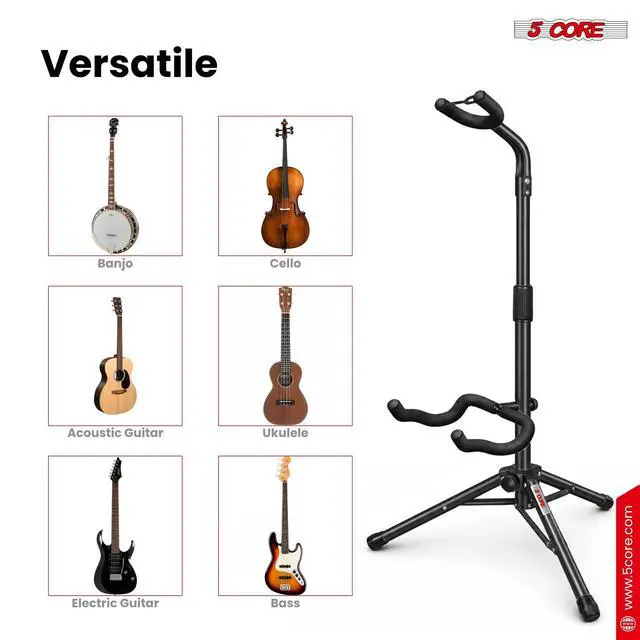Alt view image 4 of 7 - 5 Core Guitar Stand Floor Adjustable Heavy Duty Tripod Acoustic Electric Bass Cello Upright Folding Stands w Neck Holder For On Stage Studio - GSH HD