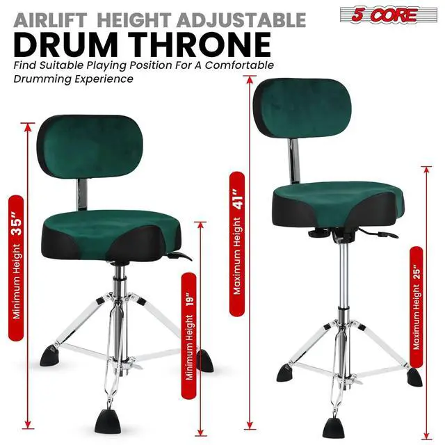 Alt view image 3 of 7 - 5 Core Drum Throne w Backrest 4" Padded Stool Adjustable 24.5" Drummer Chair w 441Lb Capacity