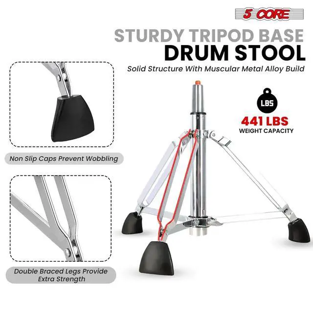 Alt view image 7 of 7 - 5 Core Drum Throne w Backrest 4" Padded Stool Adjustable 24.5" Drummer Chair w 441Lb Capacity