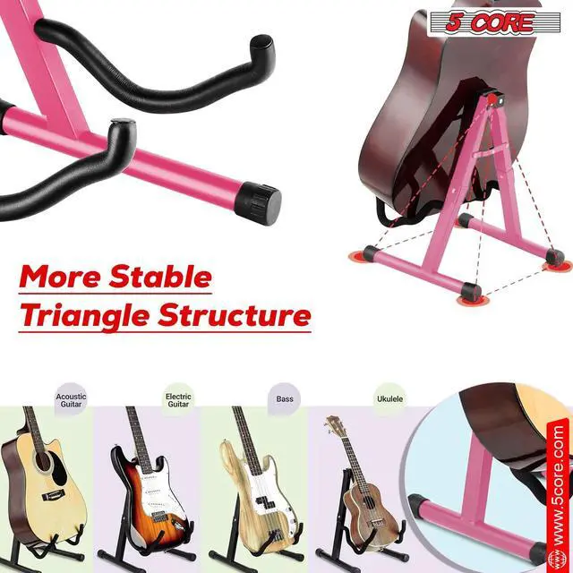 Alt view image 2 of 7 - 5 Core Guitar Stand A Frame Shape w Soft Foam Arms Non Slip Rubber Supports Acoustic Electric Bass Ukulele Banjo Foldable for School Studio Stage Concerts Pink - GSS BPNK 1PC