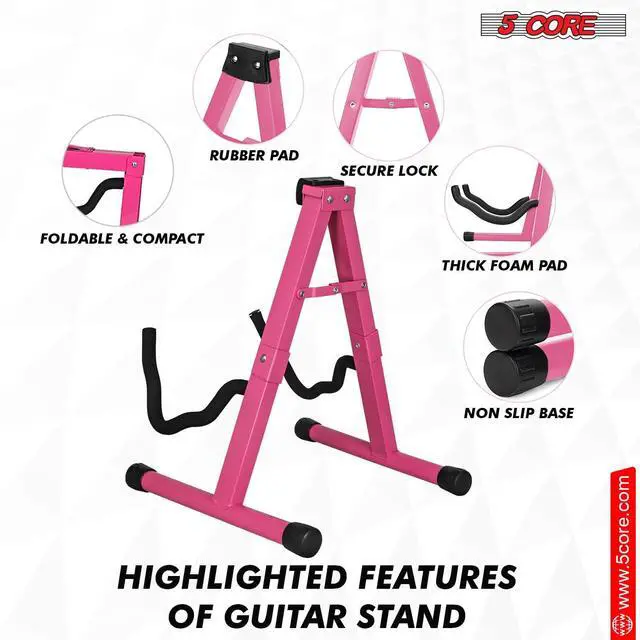 Alt view image 4 of 7 - 5 Core Guitar Stand A Frame Shape w Soft Foam Arms Non Slip Rubber Supports Acoustic Electric Bass Ukulele Banjo Foldable for School Studio Stage Concerts Pink - GSS BPNK 1PC