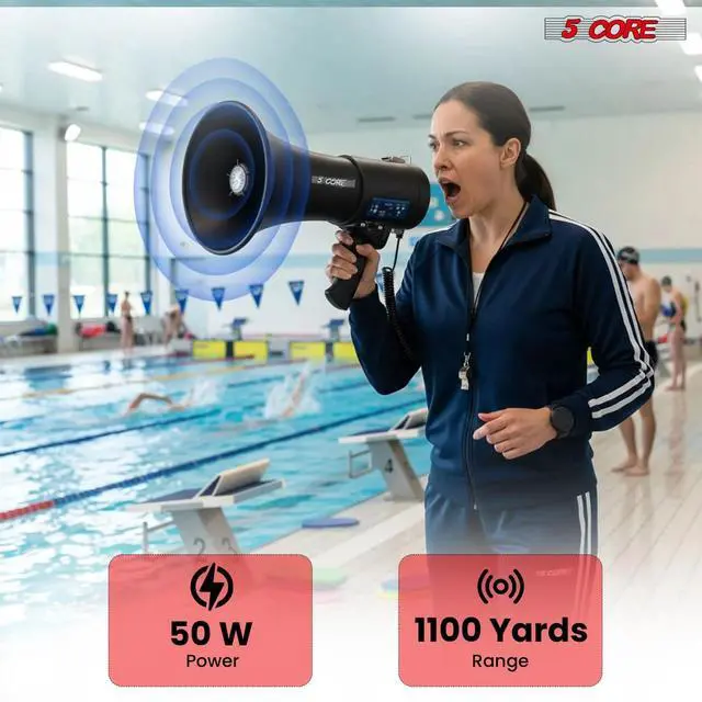 Alt view image 2 of 7 - 5 Core Megaphone Bullhorn 50W Speaker w Bluetooth Siren Adjustable Volume Loud Portable PA System