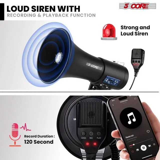 Alt view image 3 of 7 - 5 Core Megaphone Bullhorn 50W Speaker w Bluetooth Siren Adjustable Volume Loud Portable PA System