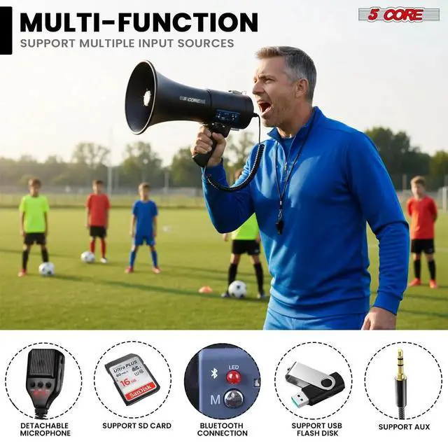 Alt view image 4 of 7 - 5 Core Megaphone Bullhorn 50W Speaker w Bluetooth Siren Adjustable Volume Loud Portable PA System