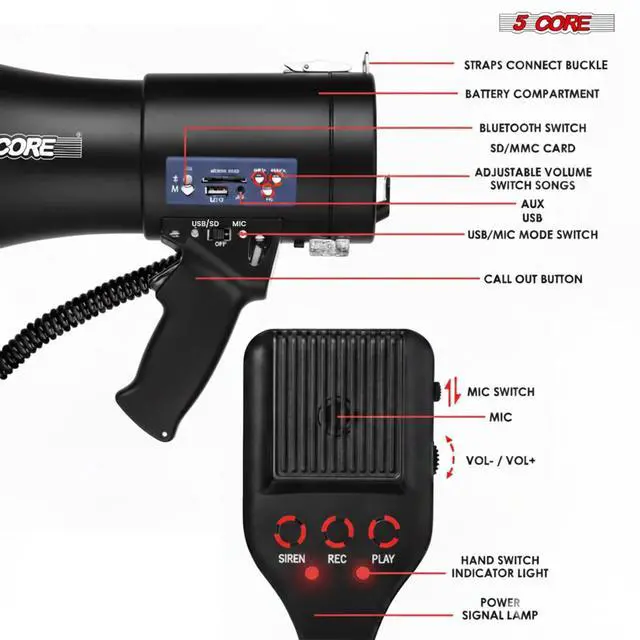 Alt view image 6 of 7 - 5 Core Megaphone Bullhorn 50W Speaker w Bluetooth Siren Adjustable Volume Loud Portable PA System