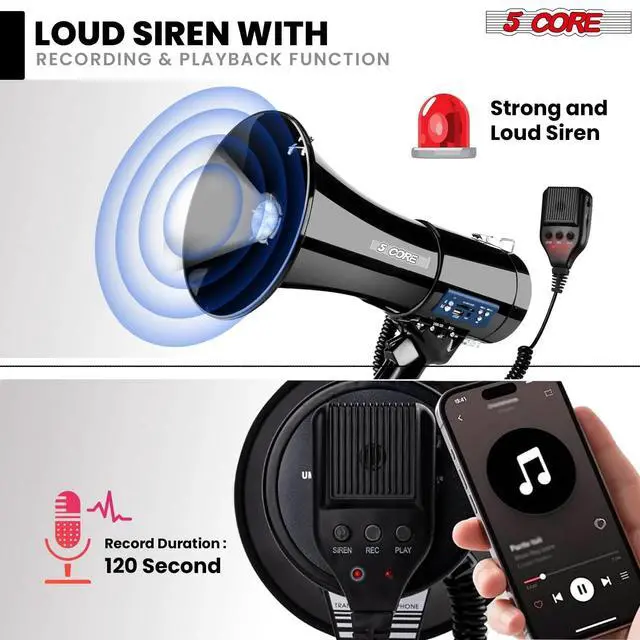 Alt view image 4 of 7 - 5 Core Megaphone Bullhorn 50W Speaker w Bluetooth Siren Adjustable Volume Loud Portable PA System
