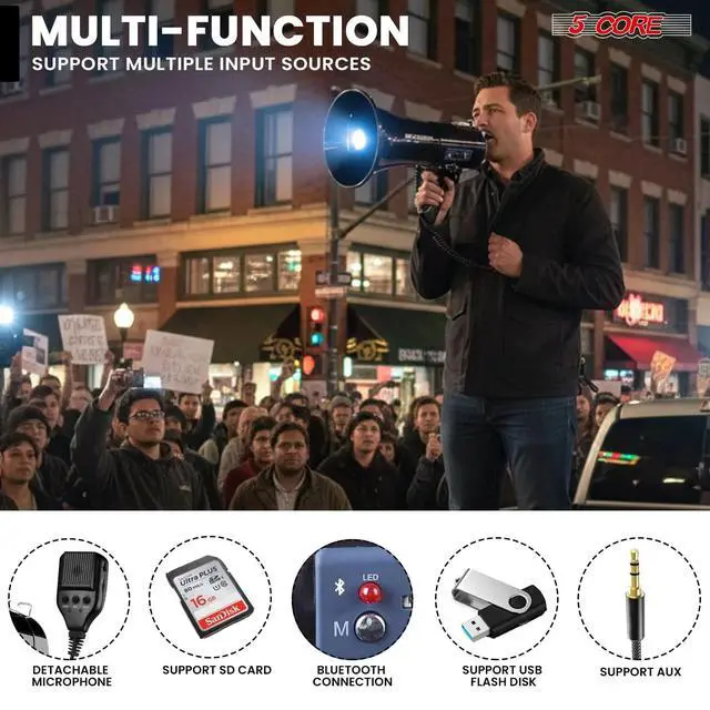 Alt view image 3 of 7 - 5 Core Megaphone Bullhorn 50W Speaker w Bluetooth Siren Adjustable Volume Loud Portable PA System