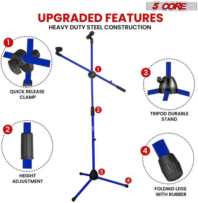 Alt view image 7 of 7 - 5 Core Mic Stand 4 Pcs Floor Height Adjustable Tripod Microphone Stands w Extending Telescoping Boom Arm