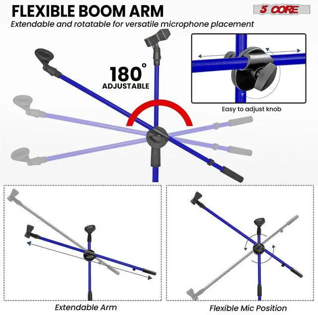 Alt view image 4 of 7 - 5 Core Mic Stand 4 Pcs Floor Height Adjustable Tripod Microphone Stands w Extending Telescoping Boom Arm