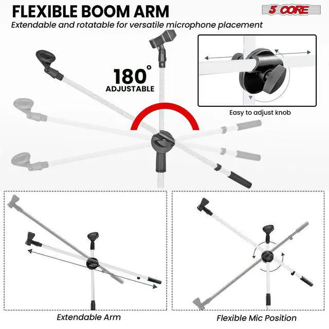 Alt view image 3 of 7 - 5 Core Mic Stand Floor Universal Height Adjustable Tripod Microphone Stands Holds 2 Mics w Extending Telescoping Boom Arm Foldable Portable for Studio On Stage White - MS DBL G WH