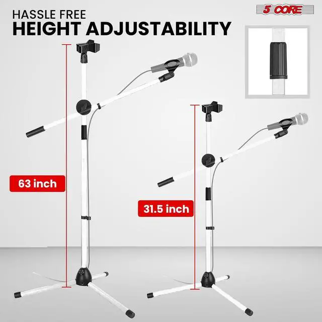 Alt view image 2 of 7 - 5 Core Mic Stand Floor Universal Height Adjustable Tripod Microphone Stands Holds 2 Mics w Extending Telescoping Boom Arm Foldable Portable for Studio On Stage White - MS DBL G WH