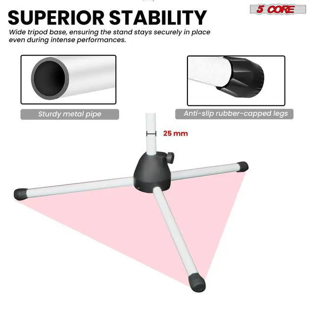 Alt view image 5 of 7 - 5 Core Mic Stand Floor Universal Height Adjustable Tripod Microphone Stands Holds 2 Mics w Extending Telescoping Boom Arm Foldable Portable for Studio On Stage White - MS DBL G WH