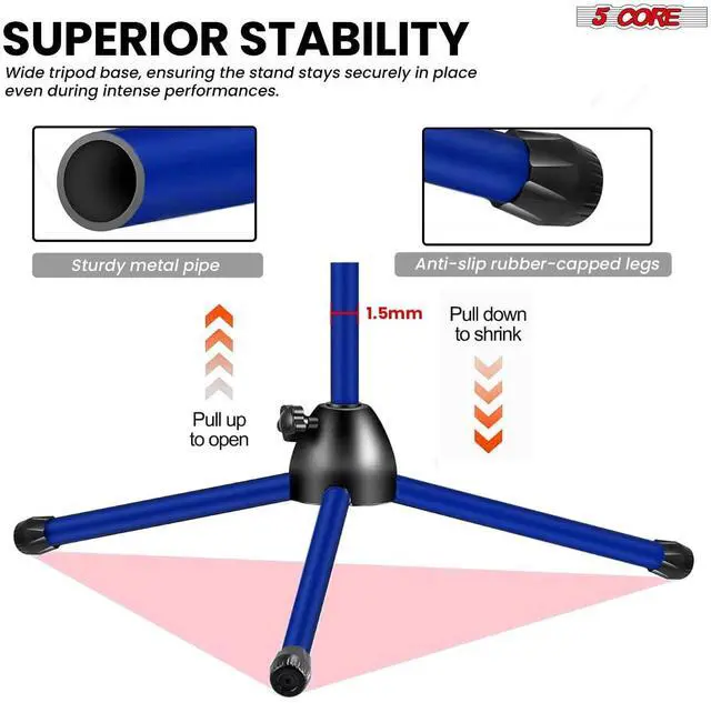 Alt view image 5 of 7 - 5 Core Mic Stand 4 Pcs Floor Height Adjustable Tripod Microphone Stands w Extending Telescoping Boom Arm