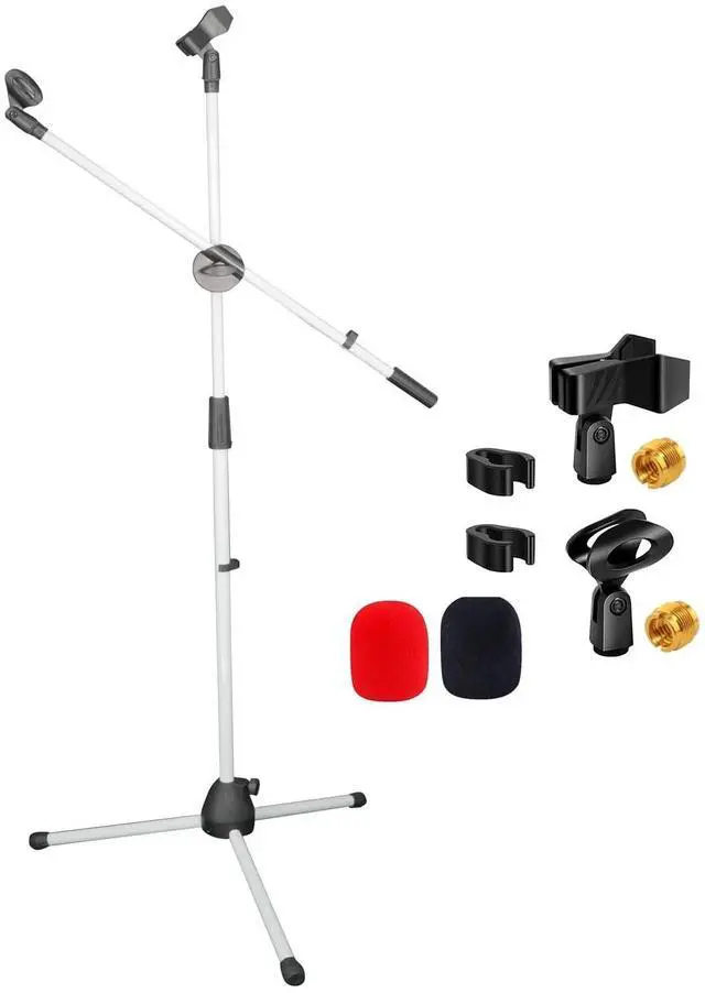 Main image of 5 Core Mic Stand Floor Universal Height Adjustable Tripod Microphone Stands Holds 2 Mics w Extending Telescoping Boom Arm Foldable Portable for Studio On Stage White - MS DBL G WH