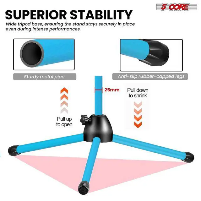 Alt view image 4 of 7 - 5 Core Mic Stand Floor Height 4Pcs Adjustable Tripod Microphone Stands w Extending Telescoping Boom Arm