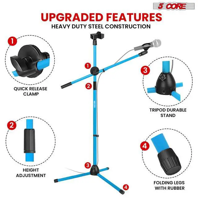 Alt view image 6 of 7 - 5 Core Mic Stand Floor Height 4Pcs Adjustable Tripod Microphone Stands w Extending Telescoping Boom Arm