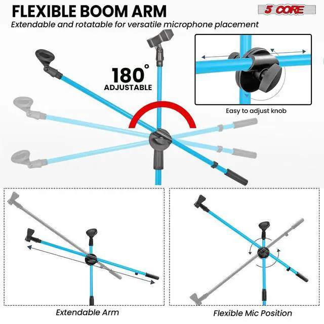 Alt view image 3 of 7 - 5 Core Mic Stand Floor Height 4Pcs Adjustable Tripod Microphone Stands w Extending Telescoping Boom Arm