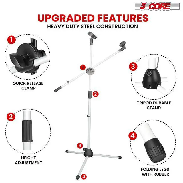Alt view image 6 of 7 - 5 Core Microphone Stand Floor Pair Universal Adjustable 63" Tripod Mic Stands w Boom Arm