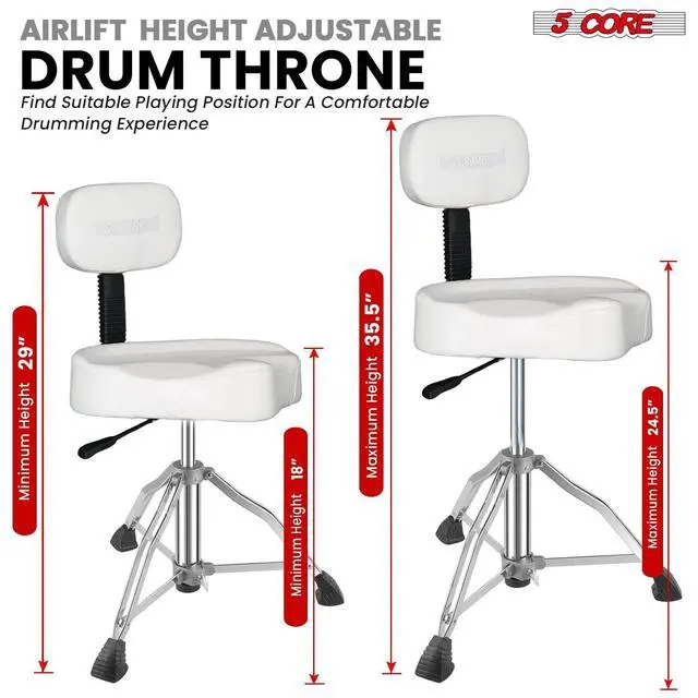 Alt view image 3 of 7 - 5 Core Drum Throne w Backrest 4" Padded Stool Adjustable 24.5" Drummer Chair w 441Lb Capacity