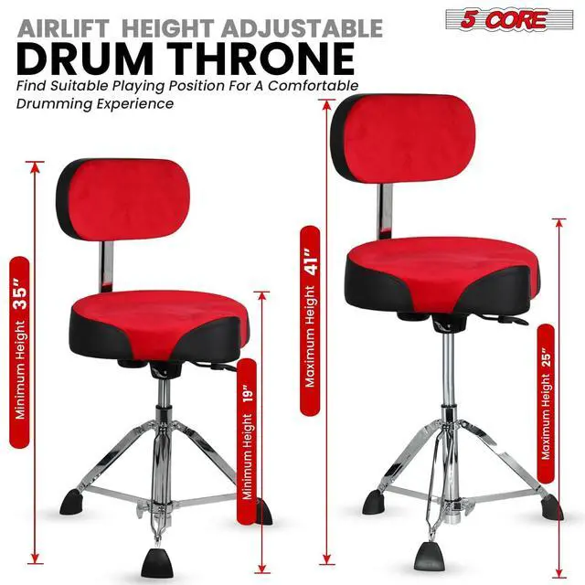 Alt view image 3 of 7 - 5 Core Drum Throne w Backrest 4" Padded Stool Adjustable 24.5" Drummer Chair w 441Lb Capacity