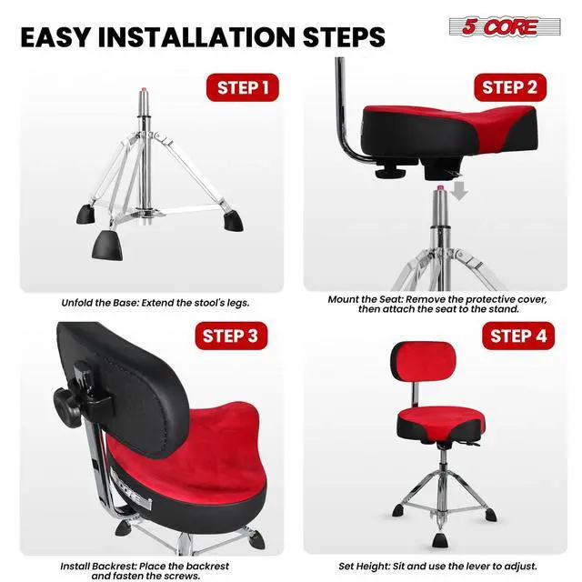 Alt view image 7 of 7 - 5 Core Drum Throne w Backrest 4" Padded Stool Adjustable 24.5" Drummer Chair w 441Lb Capacity