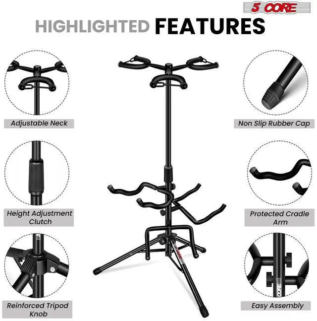 Alt view image 4 of 7 - 5 Core Guitar Stand Adjustable Triple Guitars Stands Floor w Neck Holder Universal Supports for Acoustic Electric Classic Bass Instrument Folding Portable Black - GSH 3N1