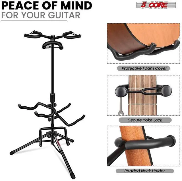 Alt view image 2 of 7 - 5 Core Guitar Stand Adjustable Triple Guitars Stands Floor w Neck Holder Universal Supports for Acoustic Electric Classic Bass Instrument Folding Portable Black - GSH 3N1