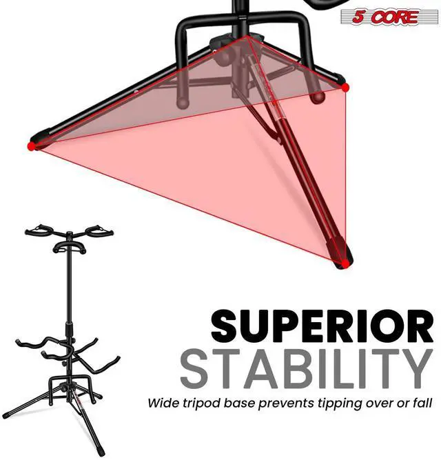 Alt view image 3 of 7 - 5 Core Guitar Stand Adjustable Triple Guitars Stands Floor w Neck Holder Universal Supports for Acoustic Electric Classic Bass Instrument Folding Portable Black - GSH 3N1