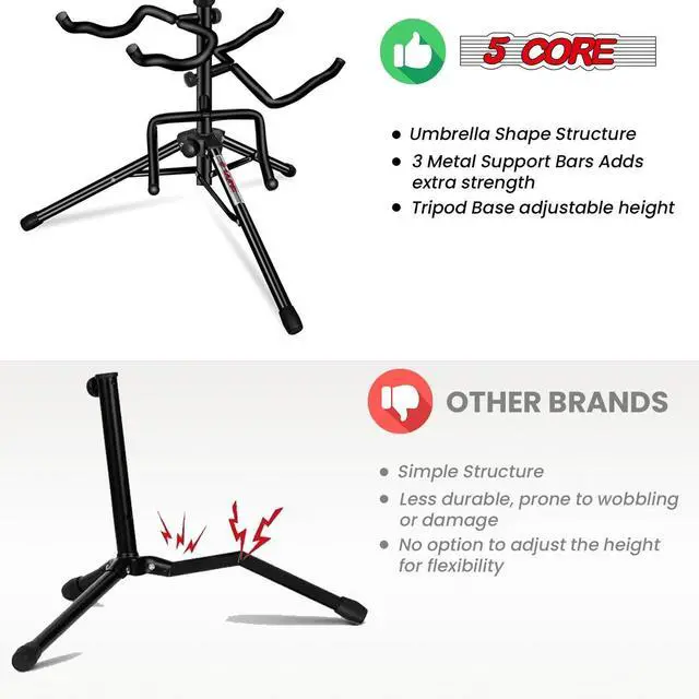 Alt view image 5 of 7 - 5 Core Guitar Stand Adjustable Triple Guitars Stands Floor w Neck Holder Universal Supports for Acoustic Electric Classic Bass Instrument Folding Portable Black - GSH 3N1