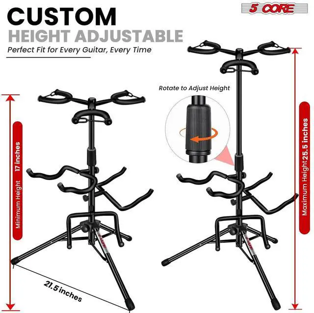 Alt view image 6 of 7 - 5 Core Guitar Stand Adjustable Triple Guitars Stands Floor w Neck Holder Universal Supports for Acoustic Electric Classic Bass Instrument Folding Portable Black - GSH 3N1