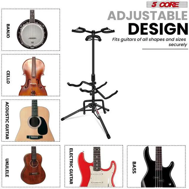 Alt view image 7 of 7 - 5 Core Guitar Stand Adjustable Triple Guitars Stands Floor w Neck Holder Universal Supports for Acoustic Electric Classic Bass Instrument Folding Portable Black - GSH 3N1