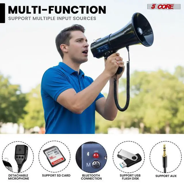 Alt view image 3 of 7 - 5 Core Megaphone Bullhorn 50W Speaker w Bluetooth Siren Adjustable Volume Loud Portable PA System