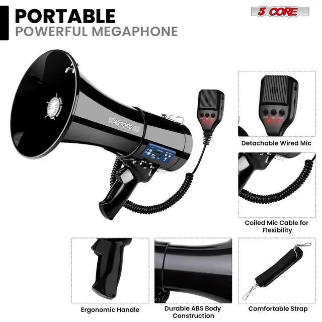 Alt view image 7 of 7 - 5 Core Megaphone Bullhorn 50W Speaker w Bluetooth Siren Adjustable Volume Loud Portable PA System