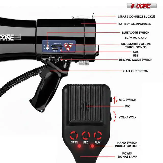 Alt view image 5 of 7 - 5 Core Megaphone Bullhorn 50W Speaker w Bluetooth Siren Adjustable Volume Loud Portable PA System