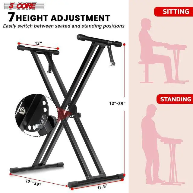 Alt view image 3 of 7 - 5 Core Piano Keyboard Stand Double X Heavy Duty 7 Adjustable Heights & Width Digital Electric Synthesizer Music Stands For 61 76 88 Keys w Secure Locking Strap KS 2X BLK