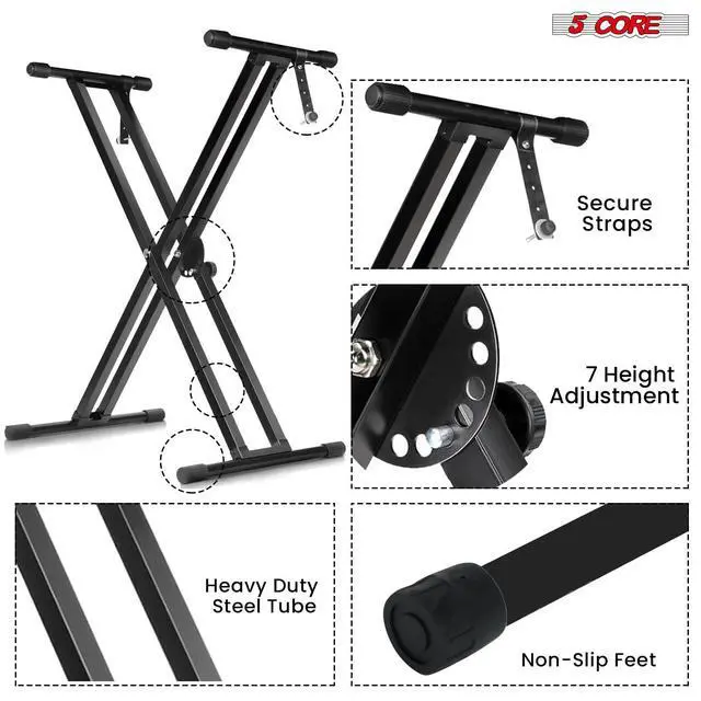 Alt view image 4 of 7 - 5 Core Piano Keyboard Stand Double X Heavy Duty 7 Adjustable Heights & Width Digital Electric Synthesizer Music Stands For 61 76 88 Keys w Secure Locking Strap KS 2X BLK