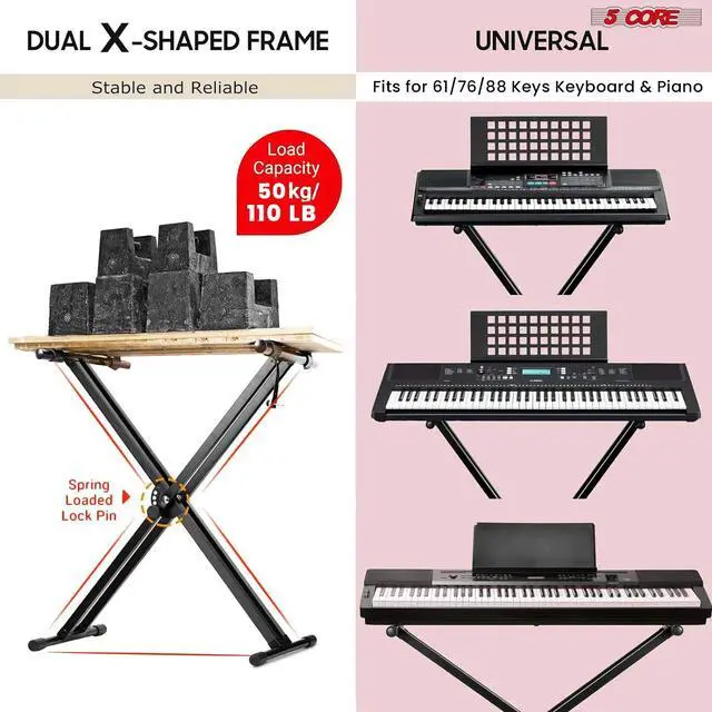 Alt view image 6 of 7 - 5 Core Piano Keyboard Stand Double X Heavy Duty 7 Adjustable Heights & Width Digital Electric Synthesizer Music Stands For 61 76 88 Keys w Secure Locking Strap KS 2X BLK