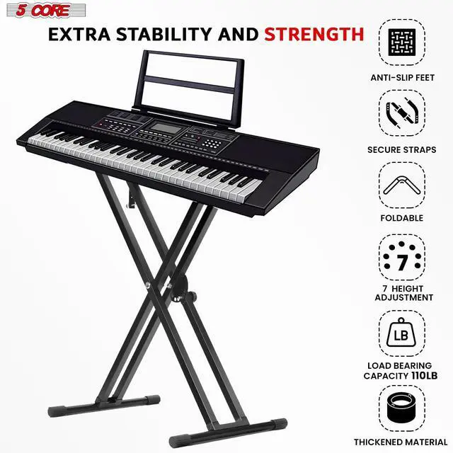 Alt view image 5 of 7 - 5 Core Piano Keyboard Stand Double X Heavy Duty 7 Adjustable Heights & Width Digital Electric Synthesizer Music Stands For 61 76 88 Keys w Secure Locking Strap KS 2X BLK