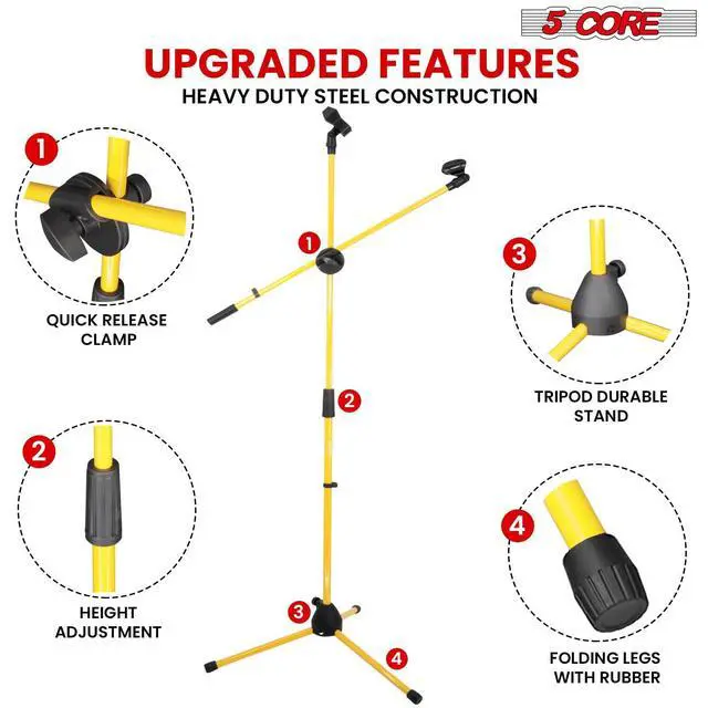 Alt view image 6 of 7 - 5 Core Dual Microphone Stand 2 Pack, Adjustable Tripod Floor Stand with Boom Arm, Yellow